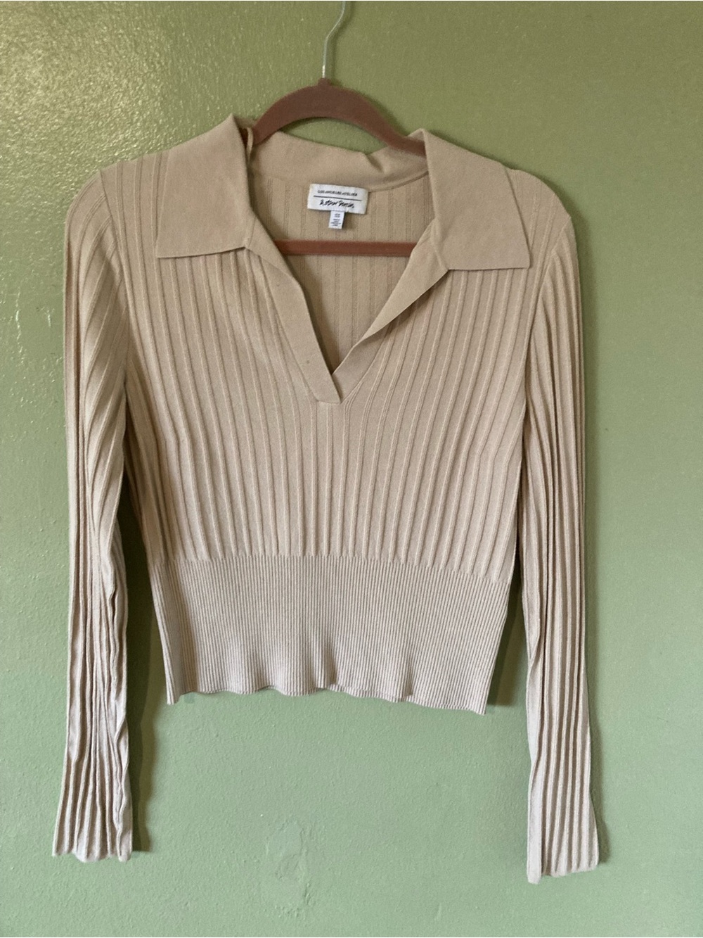 & Other Stories Beige Ribbed Knit Polo Top